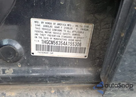 2004 Honda Accord 2.4 Lx from USA, damaged, VIN 1HGCM56354A155306